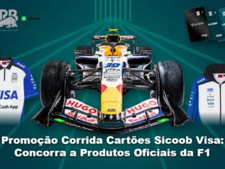 Carro de Fórmula 1 da equipe Visa Cash App Racing Bulls ao centro, com camisa polo e jaqueta oficiais da equipe nas laterais, cartões Sicoob Visa no canto superior direito e o título Promoção Corrida Cartões Sicoob Visa: Concorra a Produtos Oficiais da F1.