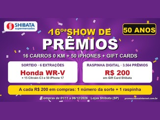 Arte roxa com confetes e o logo da Shibata Supermercados, com o texto 16º Show de Prêmios, selo de 50 anos, sorteio com Honda WR-V, 15 Citroën C3 e 50 iPhones e raspinha digital de R$200 em Gift Card.