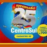 Banner da promoção de aniversário de 25 anos da CentroSul na Bahia, com casal sorridente segurando um presente azul e selo "Compre e concorra a vouchers de até R$700,00".