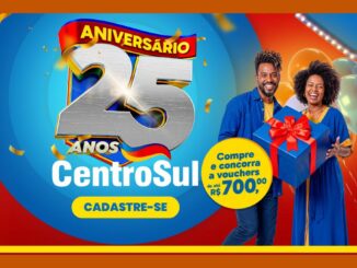 Banner da promoção de aniversário de 25 anos da CentroSul na Bahia, com casal sorridente segurando um presente azul e selo "Compre e concorra a vouchers de até R$700,00".