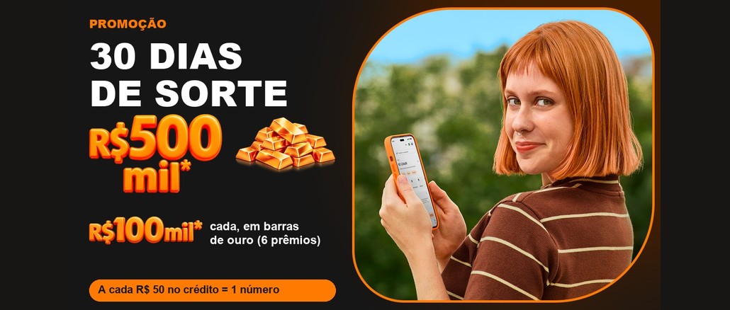 Promoção 30 Dias de Sorte Arte da Promoção 30 Dias de Sorte do Banco Inter com prêmios de R$500mil e R$100mil em barras de ouro e uma jovem ruiva sorrindo com o celular na mão.