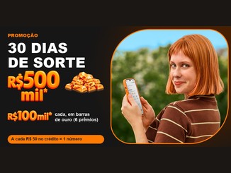 Arte da Promoção 30 Dias de Sorte do Banco Inter com prêmios de R$500mil e R$100mil em barras de ouro e uma jovem ruiva sorrindo com o celular na mão.