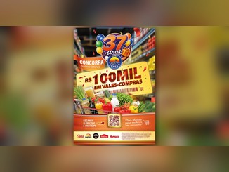 Banner da promoção 37º Aniversário Super Veneza com selo de 37 anos, balões, carrinho de compras cheio e o destaque R$100 mil em vales-compras em sorteios semanais.