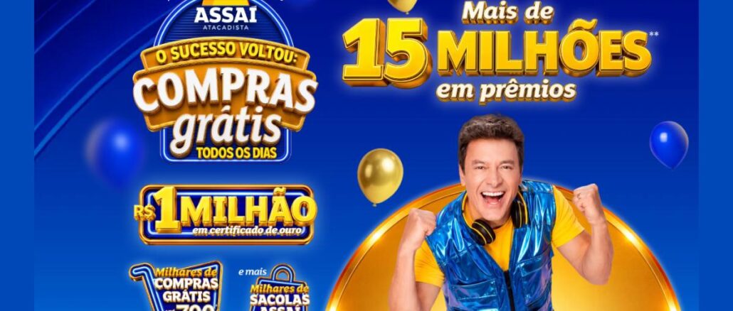 Aniversário Assaí 52 Anos com Rodrigo Faro Banner da promoção Aniversário Assaí 52 Anos com o apresentador Rodrigo Faro comemorando, logotipo da campanha O Sucesso Voltou: Compras Grátis Todos os Dias e destaque para mais de 15 milhões em prêmios.