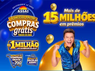 Banner da promoção Aniversário Assaí 52 Anos com o apresentador Rodrigo Faro comemorando, logotipo da campanha O Sucesso Voltou: Compras Grátis Todos os Dias e destaque para mais de 15 milhões em prêmios.
