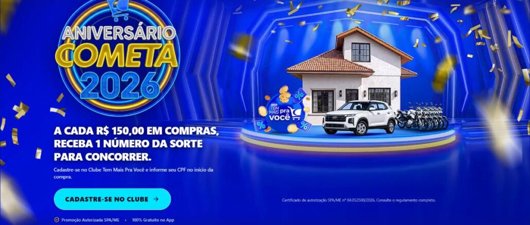 Aniversário Cometa Supermercados 2026 no Ceará Banner da promoção Aniversário Cometa 2026 com fundo azul, uma casa, um carro SUV branco e várias motos sobre um palco iluminado, com a mensagem a cada R$150,00 em compras receba 1 número da sorte.