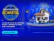 Banner da promoção Aniversário Cometa 2026 com fundo azul, uma casa, um carro SUV branco e várias motos sobre um palco iluminado, com a mensagem a cada R$150,00 em compras receba 1 número da sorte.