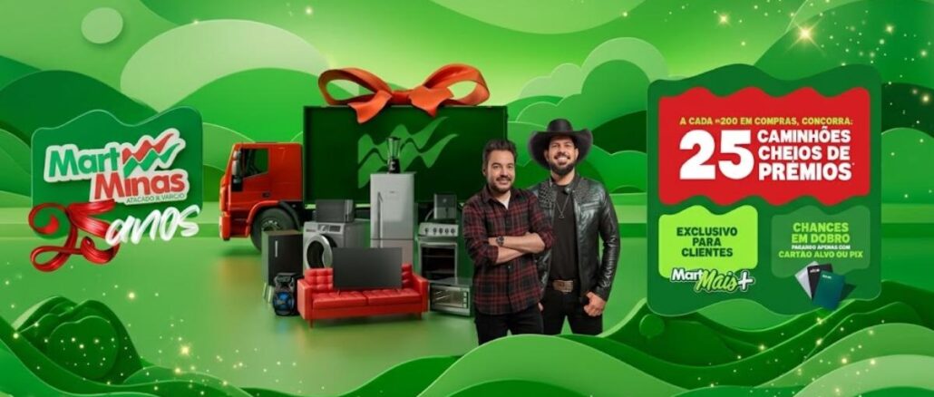Aniversário Mart Minas Peça publicitária da promoção de aniversário de 25 anos do Mart Minas com caminhão vermelho carregado de eletrodomésticos e móveis, dois homens em destaque e o anúncio de 25 caminhões cheios de prêmios a cada R$200 em compras.