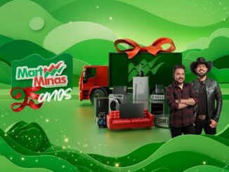 Peça publicitária da promoção de aniversário de 25 anos do Mart Minas com caminhão vermelho carregado de eletrodomésticos e móveis, dois homens em destaque e o anúncio de 25 caminhões cheios de prêmios a cada R$200 em compras.