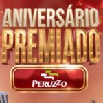 Arte da promoção Aniversário Premiado Peruzzo com letreiro dourado iluminado e vales-compra de R$200,00 e R$500,00 em fundo vermelho.