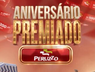 Arte da promoção Aniversário Premiado Peruzzo com letreiro dourado iluminado e vales-compra de R$200,00 e R$500,00 em fundo vermelho.