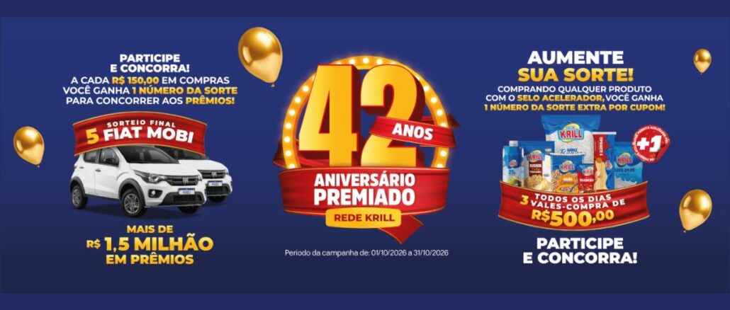 Aniversário Premiado Rede Krill 2026 no Litoral Sul de São Paulo Banner da promoção Aniversário Premiado Rede Krill 42 anos, com dois carros Fiat Mobi brancos, produtos da marca Krill, balões dourados e o período da campanha de 01/10/2026 a 31/10/2026.