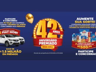 Banner da promoção Aniversário Premiado Rede Krill 42 anos, com dois carros Fiat Mobi brancos, produtos da marca Krill, balões dourados e o período da campanha de 01/10/2026 a 31/10/2026.