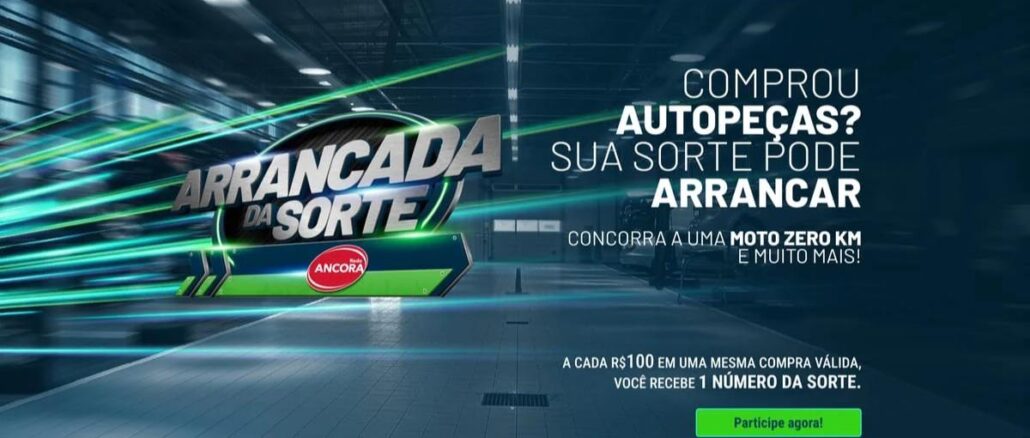 Arrancada da Sorte Rede Âncora Banner da promoção Arrancada da Sorte da Rede Âncora, com logotipo da campanha em destaque sobre fundo de oficina mecânica com feixes de luz verdes e azuis, anunciando sorteio de moto zero km na compra de autopeças.