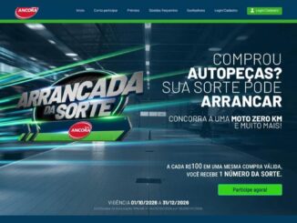 Banner da promoção Arrancada da Sorte da Rede Âncora, com logotipo da campanha em destaque sobre fundo de oficina mecânica com feixes de luz verdes e azuis, anunciando sorteio de moto zero km na compra de autopeças.