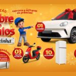 Banner amarelo da Promoção Celebre com Prêmios da Terrinha com personagem de boné azul apontando para um carro branco com laço vermelho, uma moto elétrica vermelha, uma geladeira branca, um fogão preto e eletrodomésticos do game Achou, ganhou.