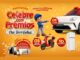 Banner amarelo da Promoção Celebre com Prêmios da Terrinha com personagem de boné azul apontando para um carro branco com laço vermelho, uma moto elétrica vermelha, uma geladeira branca, um fogão preto e eletrodomésticos do game Achou, ganhou.