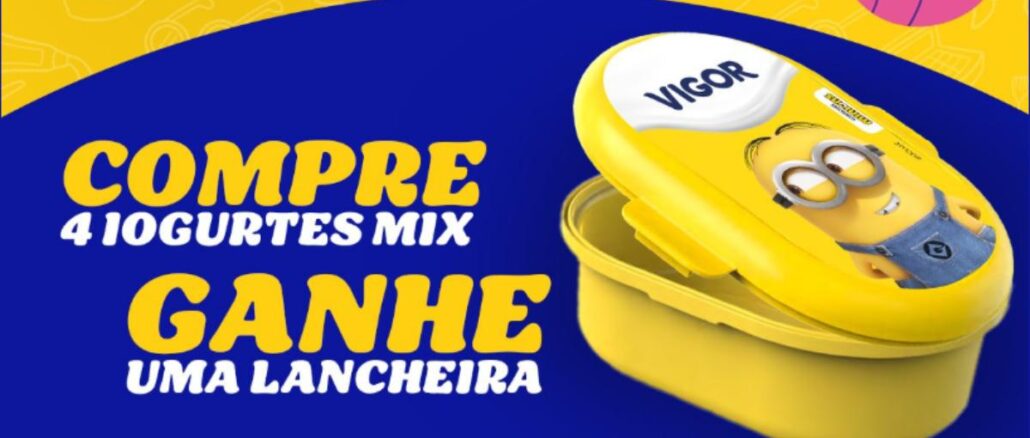 Banner da promoção Compre e Ganhe Dia das Crianças 2026 da Vigor com a frase "Compre 4 iogurtes Mix, ganhe uma lancheira" ao lado de uma lancheira amarela com estampa dos Minions e logotipo Vigor na tampa.