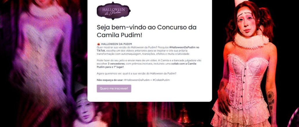 Banner do Concurso Halloween da Pudim com Camila Pudim fantasiada de pierrô em corpete branco rendado e gola de babados, ao lado de um quadro com as regras do concurso no TikTok.