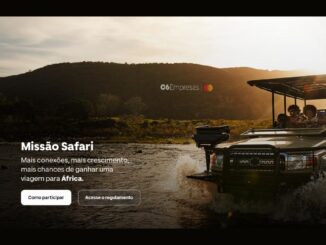 Banner da campanha Missão Safari do C6 Empresas com Mastercard, mostrando um veículo de safári com passageiros atravessando um rio ao pôr do sol na África.