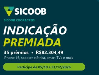 Banner da promoção Indicação Premiada Sicoob Coopacredi com 35 prêmios que somam R$82.304,49, incluindo iPhone 16, scooter elétrica e smart TVs, com participação de 05/10 a 31/12/2026 e 3 sorteios pela Loteria Federal.