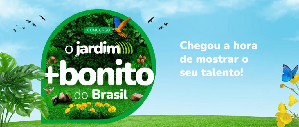 O Jardim Mais Bonito do Brasil Trapp Banner do concurso O Jardim Mais Bonito do Brasil da Trapp, com logotipo circular verde coberto de folhagens, arara, flores amarelas e ferramentas de jardinagem sobre um gramado e céu azul, ao lado da frase Chegou a hora de mostrar o seu talento.