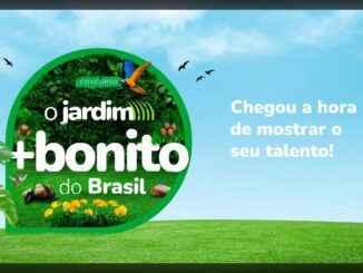 Banner do concurso O Jardim Mais Bonito do Brasil da Trapp, com logotipo circular verde coberto de folhagens, arara, flores amarelas e ferramentas de jardinagem sobre um gramado e céu azul, ao lado da frase Chegou a hora de mostrar o seu talento.