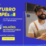 Banner da campanha Outubro das MPEs do BB Seguros, com fundo azul, destaque para 2,5 milhões de pontos Livelo para 50 ganhadores e um homem sorridente de avental segurando uma maquininha de cartão amarela.