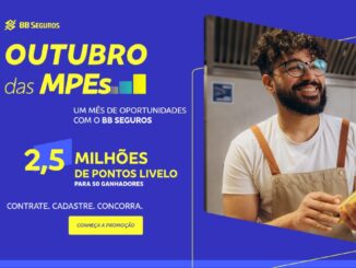 Banner da campanha Outubro das MPEs do BB Seguros, com fundo azul, destaque para 2,5 milhões de pontos Livelo para 50 ganhadores e um homem sorridente de avental segurando uma maquininha de cartão amarela.