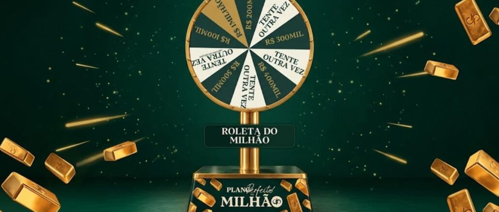 Roleta dourada do Plano Perfeito do Milhão, da Aliança Divergente, com prêmios de R$100mil a R$1milhão, sobre fundo verde com barras de ouro voando.