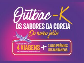 Banner da promoção Outbac-K Os Sabores da Coreia, do Outback, com avião estilizado e destaque para 4 viagens com acompanhante para a Coreia do Sul e 3.000 prêmios instantâneos.
