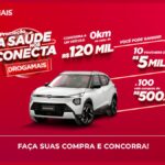 Banner da Promoção A Saúde nos Conecta Drogamais com SUV branco 0km e prêmios de R$120 mil, vouchers de R$5 mil e vales-compras de R$500,00.