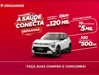 Banner da Promoção A Saúde nos Conecta Drogamais com SUV branco 0km e prêmios de R$120 mil, vouchers de R$5 mil e vales-compras de R$500,00.