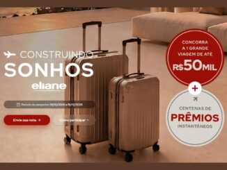 Banner da promoção Eliane Construindo Sonhos com duas malas de viagem em tom bronze sobre piso claro, destacando uma grande viagem de até R$50 mil e centenas de prêmios instantâneos.