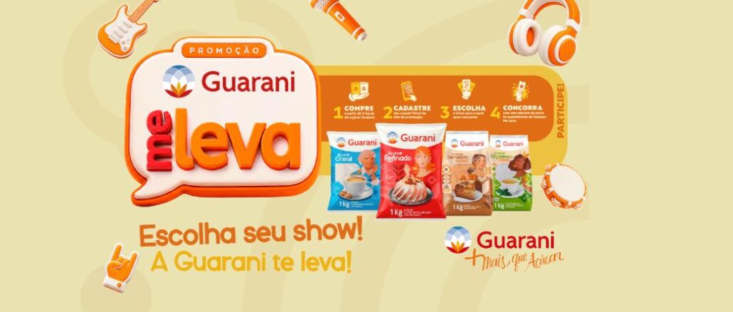 Promoção Guarani me leva para os melhores shows Banner da promoção Guarani Me Leva com balão de fala laranja, pacotes de açúcar Guarani Cristal, Refinado, Demerara e Orgânico, ícones de guitarra, microfone, fone de ouvido e pandeiro, e a frase Escolha seu show! A Guarani te leva!