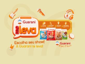 Banner da promoção Guarani Me Leva com balão de fala laranja, pacotes de açúcar Guarani Cristal, Refinado, Demerara e Orgânico, ícones de guitarra, microfone, fone de ouvido e pandeiro, e a frase Escolha seu show! A Guarani te leva!
