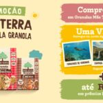 Banner da Promoção Mãe Terra Comece Pela Granola com embalagens das granolas Zero Açúcares, Tradicional Castanhas e Cacau, ao lado das informações: compre R$30 em Granolas Mãe Terra e concorra a uma viagem e até R$500 em prêmios instantâneos.