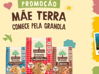 Banner da Promoção Mãe Terra Comece Pela Granola com embalagens das granolas Zero Açúcares, Tradicional Castanhas e Cacau, ao lado das informações: compre R$30 em Granolas Mãe Terra e concorra a uma viagem e até R$500 em prêmios instantâneos.