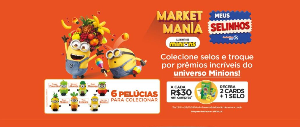Promoção Meus Selinhos Andorinha Supermercados em São Paulo Banner laranja da promoção Market Mania Minions do programa Meus Selinhos da Andorinha Supermercados, com dois Minions cercados de frutas, seis pelúcias de Minions vestidos de frutas e legumes e a mecânica de 2 cards e 1 selo a cada R$30 em compras.