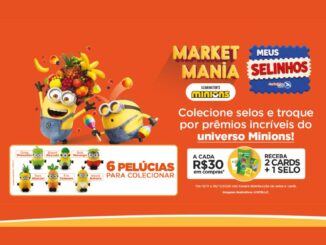Banner laranja da promoção Market Mania Minions do programa Meus Selinhos da Andorinha Supermercados, com dois Minions cercados de frutas, seis pelúcias de Minions vestidos de frutas e legumes e a mecânica de 2 cards e 1 selo a cada R$30 em compras.