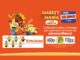 Banner laranja da promoção Market Mania Minions do programa Meus Selinhos da Andorinha Supermercados, com dois Minions cercados de frutas, seis pelúcias de Minions vestidos de frutas e legumes e a mecânica de 2 cards e 1 selo a cada R$30 em compras.
