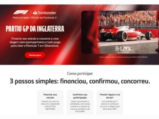 Banner da promoção Partiu GP da Inglaterra do Santander, com carro de Fórmula 1 branco e vermelho na pista diante da arquibancada lotada e os três passos para participar.