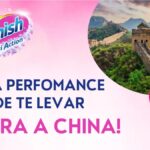 Banner rosa da promoção Vanish Te Leva para a China, com o logotipo do Vanish Oxi Action, a frase "Sua performance pode te levar para a China!", um selo com avião e uma foto da Grande Muralha da China.