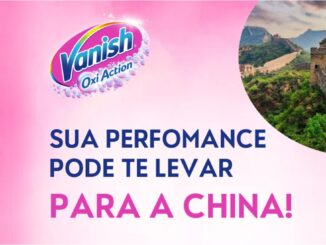 Banner rosa da promoção Vanish Te Leva para a China, com o logotipo do Vanish Oxi Action, a frase "Sua performance pode te levar para a China!", um selo com avião e uma foto da Grande Muralha da China.