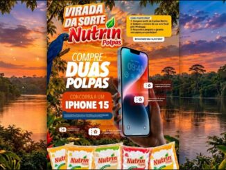 Peça publicitária da promoção Virada da Sorte Nutrin Polpas, com mão segurando um iPhone 15, arara-azul em galho, pacotes de polpas de frutas Nutrin e paisagem de rio amazônico ao pôr do sol.