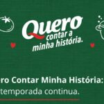 Arte em fundo verde com o título "Quero contar a minha história." em letras brancas, ilustrações de colher, tomate e panela com corações vermelhos, e o texto "Quero Contar Minha História: a 2ª temporada continua."