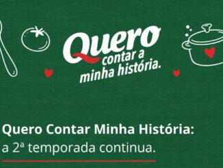 Arte em fundo verde com o título "Quero contar a minha história." em letras brancas, ilustrações de colher, tomate e panela com corações vermelhos, e o texto "Quero Contar Minha História: a 2ª temporada continua."