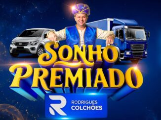 Banner da promoção Sonho Premiado da Rodrigues Colchões com homem fantasiado de gênio ao lado de um carro prata e um caminhão baú azul, anunciando mais de R$175 mil em prêmios.