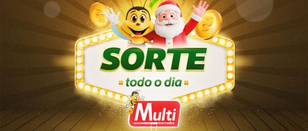 Sorte Todo Dia Multimercados no Interior do Rio Grande do Sul Arte da promoção Sorte Todo o Dia do Multi Mercados, com a abelha mascote da rede e o Papai Noel acenando sobre um letreiro iluminado, cercados por moedas douradas e cédulas verdes.