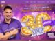 Homem sorridente com camisa roxa aponta para o número 30 dourado com lâmpadas e o logotipo dos Supermercados Violeta, ao lado do texto "Mais de 30 prêmios pra você!".